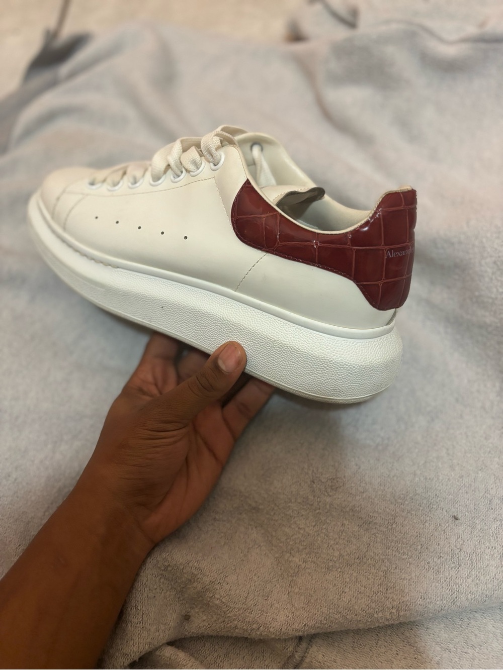 Alexander McQueen White Leather Sneaker with Burgundy Croc Heel